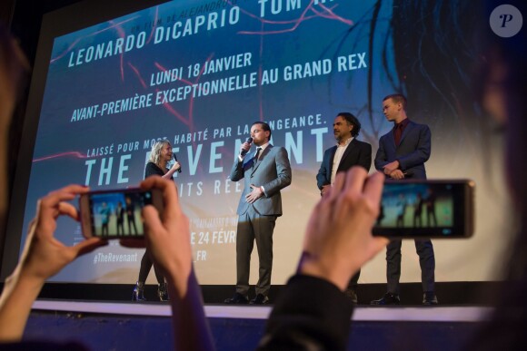 Exclusif - Leonardo DiCaprio , Alejandro Gonzalez Inarritu, Will Poulter - Avant-première du film "The Revenant" au Grand Rex à Paris, le 18 janvier 2016.