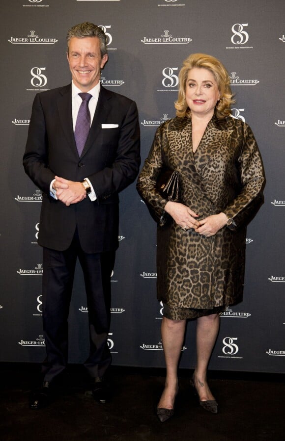 Daniel Riedo (PDG de Jaeger-LeCoultre) et Catherine Deneuve - Photocall du 85ème anniversaire de la montre Jaeger-LeCoultre Reverso à Genève le 18 janvier 2016
