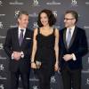 Daniel Riedo (PDG de Jaeger-LeCoultre), Carmen Chaplin et Laurent Viney (Jaeger-LeCoultre) - Photocall du 85ème anniversaire de la montre Jaeger-LeCoultre Reverso à Genève le 18 janvier 2016