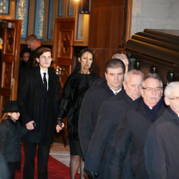 Céline Dion, ses enfants René-Charles Angélil, les jumeaux Nelson Angélil et Eddy Angélil - Sorties des obsèques nationales de René Angélil en la Basi­lique Notre-Dame de Montréal, le 22 janvier 2016. © Dominique Jacovides/Bestimage