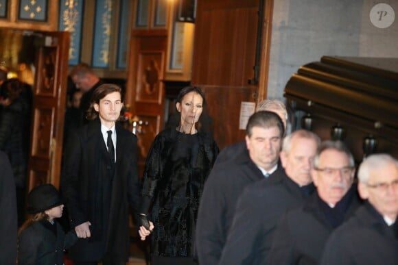 Céline Dion, ses enfants René-Charles Angélil, les jumeaux Nelson Angélil et Eddy Angélil - Sorties des obsèques nationales de René Angélil en la Basi­lique Notre-Dame de Montréal, le 22 janvier 2016. © Dominique Jacovides/Bestimage