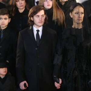 Céline Dion et son fils René-Charles Angélil - Sorties des obsèques nationales de René Angélil en la Basi­lique Notre-Dame de Montréal, le 22 janvier 2016.© Morgan Dessales/Bestimage