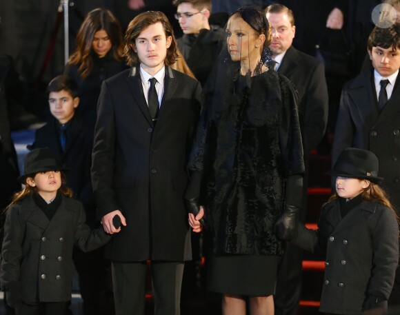 Céline Dion, ses enfants René-Charles Angélil, les jumeaux Nelson Angélil et Eddy Angélil - Sorties des obsèques nationales de René Angélil en la Basi­lique Notre-Dame de Montréal, le 22 janvier 2016.© Morgan Dessales/Bestimage