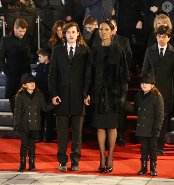 Céline Dion, ses enfants René-Charles Angélil, les jumeaux Nelson Angélil et Eddy Angélil - Sorties des obsèques nationales de René Angélil en la Basi­lique Notre-Dame de Montréal, le 22 janvier 2016.© Morgan Dessales/Bestimage