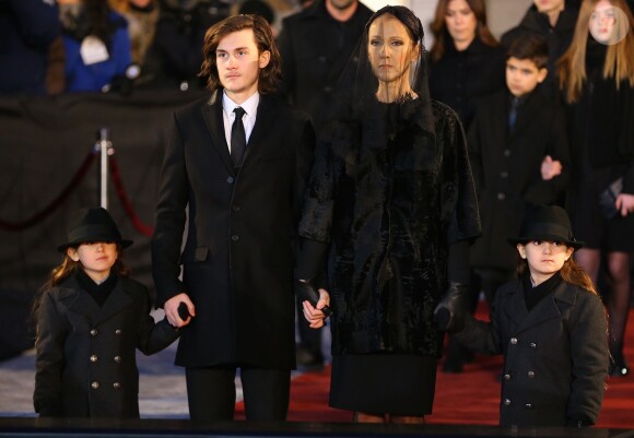 Céline Dion, ses enfants René-Charles Angélil, les jumeaux Nelson Angélil et Eddy Angélil - Sorties des obsèques nationales de René Angélil en la Basi­lique Notre-Dame de Montréal, le 22 janvier 2016.© Morgan Dessales/Bestimage