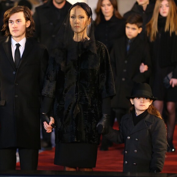 Céline Dion, ses enfants René-Charles Angélil, les jumeaux Nelson Angélil et Eddy Angélil - Sorties des obsèques nationales de René Angélil en la Basi­lique Notre-Dame de Montréal, le 22 janvier 2016.© Morgan Dessales/Bestimage