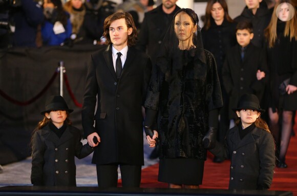 Céline Dion, ses enfants René-Charles Angélil, les jumeaux Nelson Angélil et Eddy Angélil - Sorties des obsèques nationales de René Angélil en la Basi­lique Notre-Dame de Montréal, le 22 janvier 2016.© Morgan Dessales/Bestimage