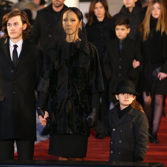 Céline Dion, ses enfants René-Charles Angélil, les jumeaux Nelson Angélil et Eddy Angélil - Sorties des obsèques nationales de René Angélil en la Basi­lique Notre-Dame de Montréal, le 22 janvier 2016.© Morgan Dessales/Bestimage