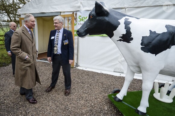 Le prince Charles rencontre la vache Milky Way en visite à l'association Send a Cow dont il est le président à Bath le 1er février 2016.
