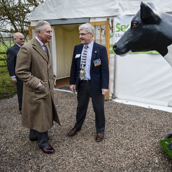 Le prince Charles rencontre la vache Milky Way en visite à l'association Send a Cow dont il est le président à Bath le 1er février 2016.