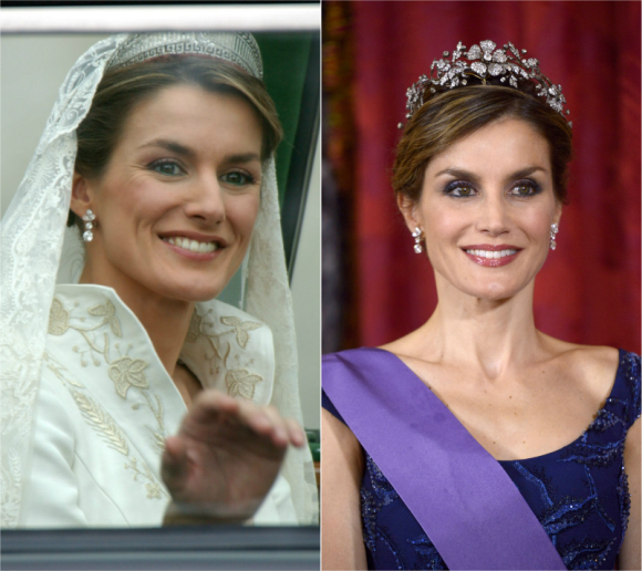 Letizia d'Espagne en 2004 lors de son mariage avec Felipe, en 2015 lors du dîner d'Etat offert en l'honneur du président péruvien, en visite officielle. Onze ans après, pas une ride...