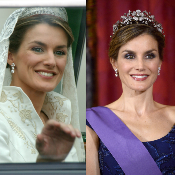 Letizia d'Espagne en 2004 lors de son mariage avec Felipe, en 2015 lors du dîner d'Etat offert en l'honneur du président péruvien, en visite officielle. Onze ans après, pas une ride...