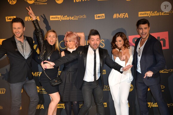 Christian Millette, Emmanuelle Berne, Chris Marques et sa fiancée Jaclyn Spencer, Priscilla Betti et Olivier Dion, lors de la cérémonie des Melty Future Awards 2016 au Grand Rex à Paris, le 16 février 2016.