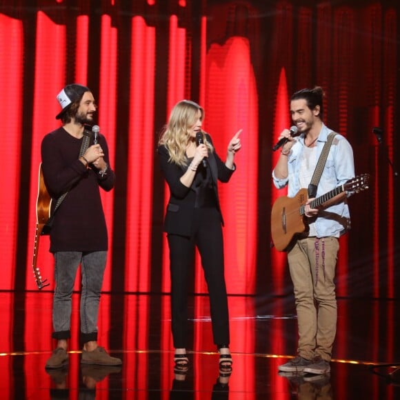 Exclusif - Véronic DiCaire et les Frero Delavega (Jérémy Frérot et Florian Delavega) - Enregistrement de l'émission "DiCaire Show", qui sera diffusée sur France 2 le 12 mars, à Paris. Le 7 mars 2016 © Denis Guignebourg / Bestimage