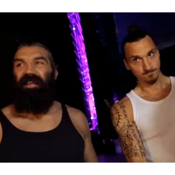 Zlatan Ibrahimovic et Sébastien Chabal dans le concert des Enfoirés, diffusé sur TF1 le vendredi 11 mars 2016.