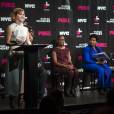 Emma Watson, Chirlane McCray, Phumzile Mlambo-Ngcuka et Forest Whitaker lors du lancement de "HeForShe arts week" à l'occasion de la journée internationale de la femme à l'Empire State Building à New York, le 8 mars 2016.