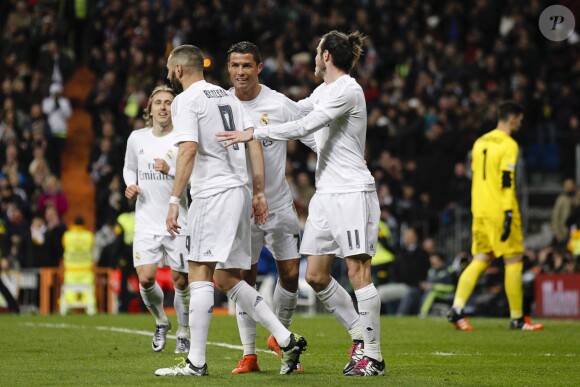 Cristiano Ronaldo, Karim Benzema, Gareth Bale lors du match Real Madrid - FC Seville à Madrid le 20 mars 2016.
