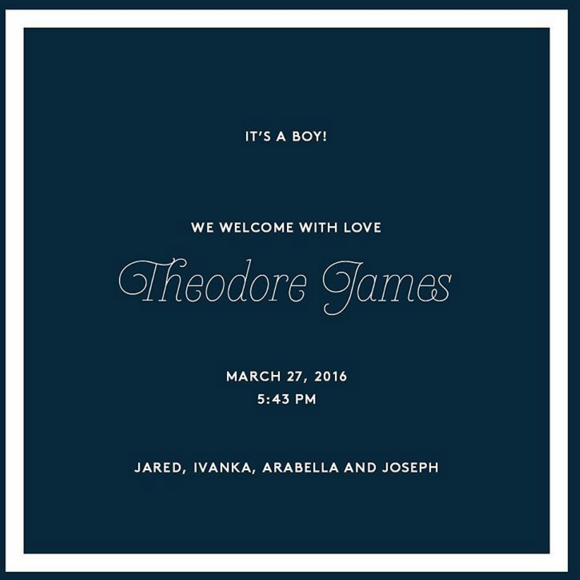 Ivanka Trump a donné naissance à son troisième enfant, Theodore James, ce dimanche 27 mars 2016.