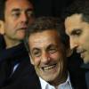 Nicolas Sarkozy porte ses initiales sur sa chemise au match de Ligue des Champions PSG - Manchester City au Parc des Princes à Paris le 6 avril 2016. © Cyril Moreau/Bestimage