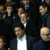Nicolas Sarkozy et le président du club de football Manchester City, Khaldoon Al Mubarak au match de Ligue des Champions PSG - Manchester City au Parc des Princes à Paris le 6 avril 2016.