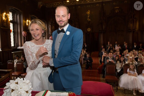 Mariage civil et religieux de Julie Taton et Harold Van Der Straten, à l'hôtel de ville de Bruxelles et à l'église Notre-Dame du Sablon, le 2 mai 2015.