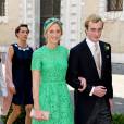 La princesse Maria Laura et le prince Joachim de Belgique, soeur et frère du marié, au mariage du prince Amedeo de Belgique et d'Elisabetta Maria Rosboch von Wolkenstein en la basilique de Santa Maria à Trastevere, à Rome, le 5 juillet 2014.