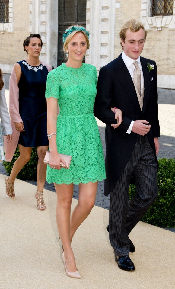 La princesse Maria Laura et le prince Joachim de Belgique, soeur et frère du marié, au mariage du prince Amedeo de Belgique et d'Elisabetta Maria Rosboch von Wolkenstein en la basilique de Santa Maria à Trastevere, à Rome, le 5 juillet 2014.