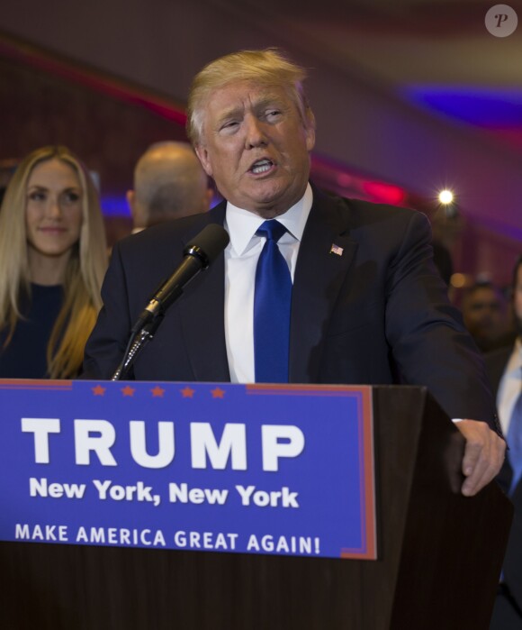Donald Trump, candidat aux primaires du Parti républicain pour l'élection présidentielle de 2016 l'emporte dans l'état de New York le 19 Avril 2016.