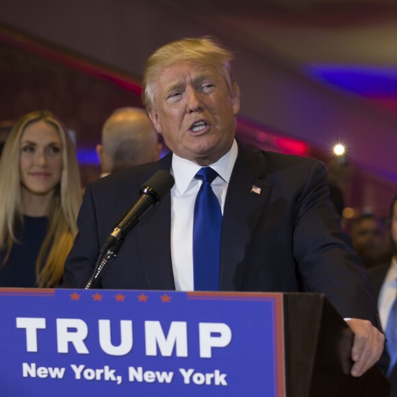 Donald Trump, candidat aux primaires du Parti républicain pour l'élection présidentielle de 2016 l'emporte dans l'état de New York le 19 Avril 2016.