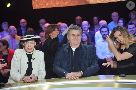 Exclusif - Geneviève de Fontenay, Pierre Ménès et Clara Morgane lors de l'enregistrement de l'émission "Faut pas abuser" présentée par Julien Courbet et diffusée sur D8 le 10 mai 2016 à 21h00. À Paris le 4 avril 2016. ©Veeren