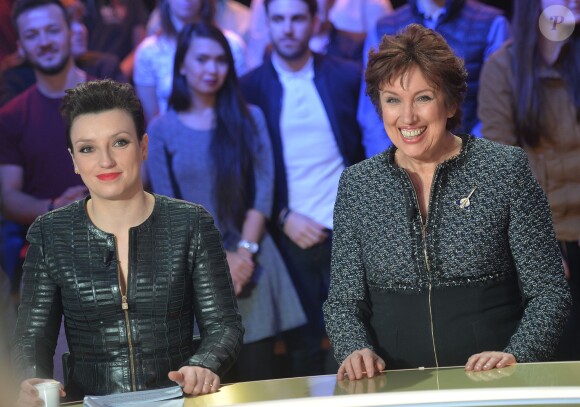 Exclusif - Aude Gogny-Goubert et Roselyne Bachelot lors de l'enregistrement de l'émission "Faut pas abuser" présentée par Julien Courbet et diffusée sur D8 le 10 mai 2016 à 21h00. À Paris le 4 avril 2016. ©Veeren