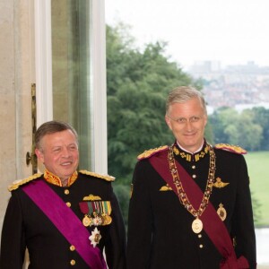 Le roi Philippe et la reine Mathilde de Belgique donnaient un banquet d'Etat en l'honneur du roi Abdullah II et de la reine Rania de Jordanie au château de Laeken le 18 mai 2016 à l'occasion de leur visite officielle.