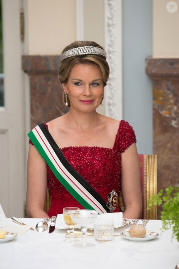 Le roi Philippe et la reine Mathilde (photo) de Belgique donnaient un banquet d'Etat en l'honneur du roi Abdullah II et de la reine Rania de Jordanie au château de Laeken le 18 mai 2016 à l'occasion de leur visite officielle.