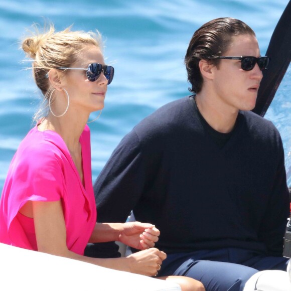 Heidi Klum et Vito Schnael quittent l'hôtel Eden Roc pour passer à la journée sur un yatch à Cannes, le 15 mai 2016
