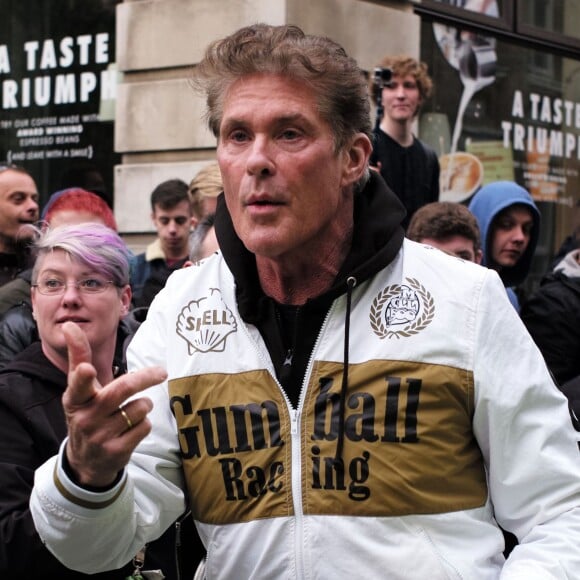 David Hasselhoff à l'arrivée du rallye Gumball 3000 à Londres le 2 mai 2016