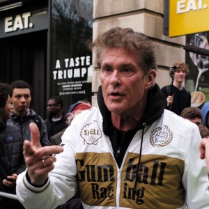 David Hasselhoff à l'arrivée du rallye Gumball 3000 à Londres le 2 mai 2016