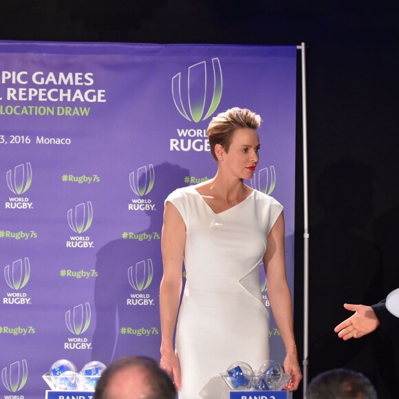 Exclusif - La princesse Charlene de Monaco lors du tirage au sort, le 23 mai à l'hôtel Hermitage de Monte-Carlo, des tournois de repêchage de rugby à 7 Monaco Sevens et Dublin Sevens pour les Jeux olympiques de Rio de Janeiro. © Bruno Bebert/BestImage