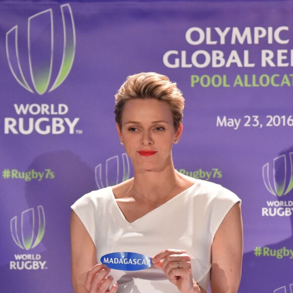 Exclusif - La princesse Charlene de Monaco lors du tirage au sort, le 23 mai à l'hôtel Hermitage de Monte-Carlo, des tournois de repêchage de rugby à 7 Monaco Sevens et Dublin Sevens pour les Jeux olympiques de Rio de Janeiro. © Bruno Bebert/BestImage