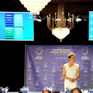 Exclusif - La princesse Charlene de Monaco lors du tirage au sort, le 23 mai à l'hôtel Hermitage de Monte-Carlo, des tournois de repêchage de rugby à 7 Monaco Sevens et Dublin Sevens pour les Jeux olympiques de Rio de Janeiro. © Bruno Bebert/BestImage