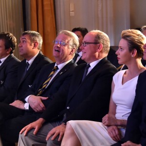 Exclusif - Le prince Albert II de Monaco et la princesse Charlene ont participé au tirage au sort, le 23 mai à l'hôtel Hermitage de Monte-Carlo, des tournois de repêchage de rugby à 7 Monaco Sevens et Dublin Sevens pour les Jeux olympiques de Rio de Janeiro. © Bruno Bebert/BestImage