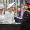 Kate Middleton, duchesse de Cambridge, Camilla Parker Bowles et le prince Harry au cours de la procession sur le Mall lors de la parade Trooping the Colour, le 11 juin 2016 à Londres, en l'honneur du 90e anniversaire de la reine Elizabeth II.