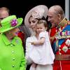 La reine Elizabeth II, Kate Middleton, duchesse de Cambridge, la princesse Charlotte, le prince Philip, duc d'Edimbourg au balcon du palais de Buckingham lors de la parade "Trooping The Colour" à l'occasion du 90ème anniversaire de la reine. Le 11 juin 2016 à Londres