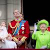 Kate Catherine Middleton, duchesse de Cambridge, la princesse Charlotte, le prince George, le prince William, la reine Elisabeth II d'Angleterre, le prince Philip, duc d'Edimbourg - La famille royale d'Angleterre au balcon du palais de Buckingham lors de la parade "Trooping The Colour" à l'occasion du 90ème anniversaire de la reine. Le 11 juin 2016  London , 11-06-2016 - Queen Elizabeth celebrates her 90th birthday at Trooping the Colour.11/06/2016 - Londres