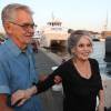 Brigitte Bardot arrive pour poser avec l'équipage de Brigitte Bardot Sea Shepherd, le célèbre trimaran d'intervention de l'organisation écologiste, sur le port de Saint-Tropez, le 26 septembre 2014 en escale pour 3 jours à deux jours de ses 80 ans.