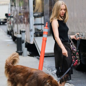 Amanda Seyfried promène son adorable chien Finn dans les rues de New York, le 28 juin 2016.