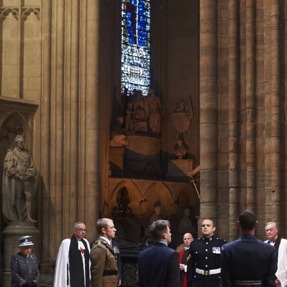 La reine Elisabeth II et le duc d'Edinburgh arrivent à l'abbaye de Westminster dans le cadre des commémorations du centenaire de la Bataille de la Somme. Cette bataille fût la plus meurtrière de la Première Guerre Mondiale. Londres, le 30 juin 2016.