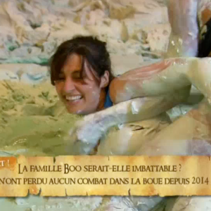 Laetitia Milot pleine de boue dans "Fort Boyard" (France 2), le samedi 10 juillet 2016.