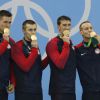 Nathan Adrian, Ryan Held, Michael Phelps et Caeleb Dressell ont remporté la médaille d'or dans le relais 4x100 m nage libre aux JO de Rio le 7 août 2016
