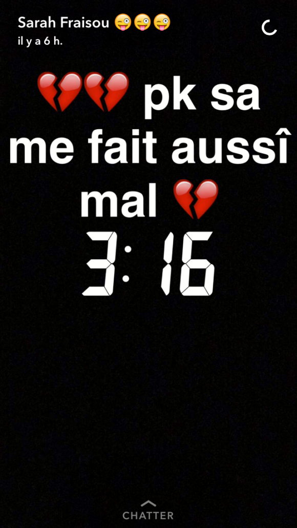 Sarah Fraisou ("Les Anges 8"), inconsolable sur Snapchat depuis sa rupture avec Malik. Août 2016.