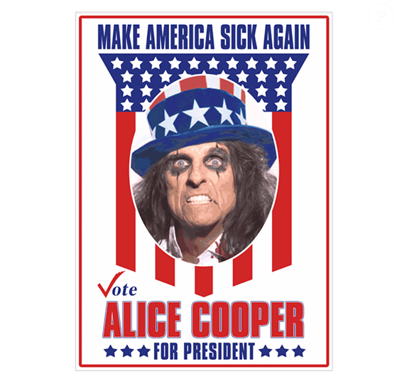 Alice Cooper a annoncé le 23 août 2016 sa candidature à la Maison Blanche et a déjà prévu des produits dérivés pour sa campagne "perturbée"...